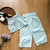 Light Blue Denim Embroidery Short Vest & Wide Leg Jeans Set