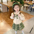 Preppy Style Plaid Knitted Cute Bear Puff Sleeve Cardigan & Plaid Pleated Skirt 2 Piece Clothes Set